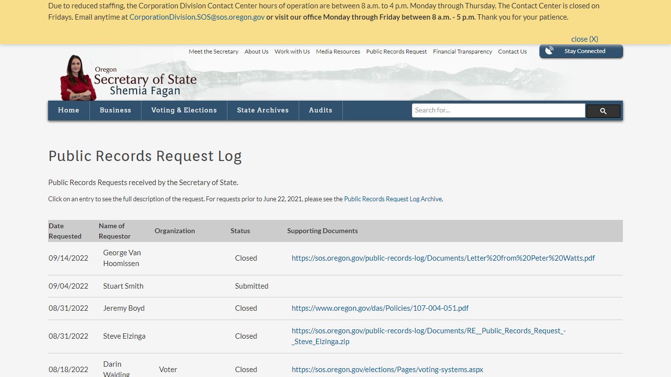 State of Oregon: Public Records - Public Records Request Log
